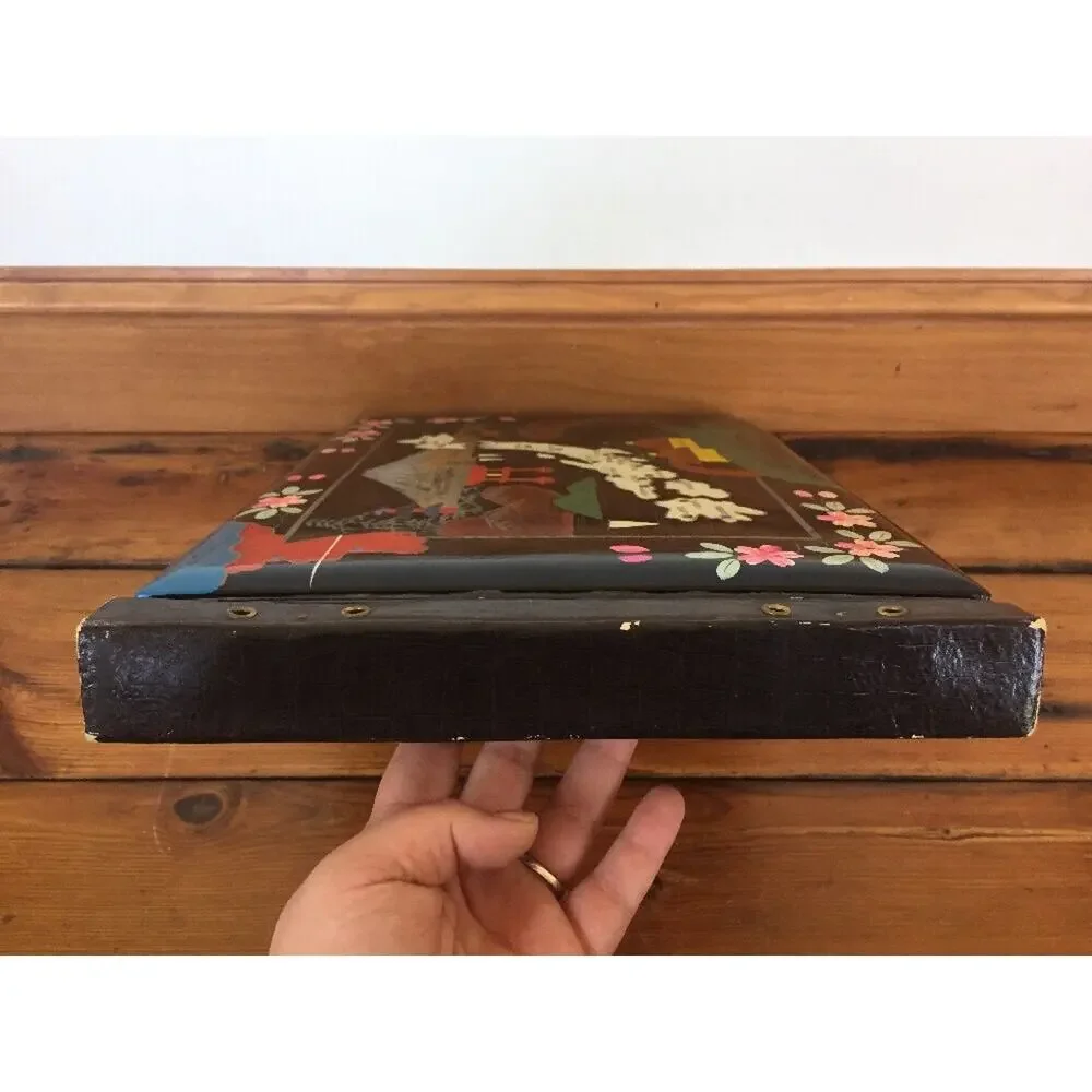 Vtg WWII Era Japanese Black Lacquer Mother Of Pearl Inlay Painted Photo Album